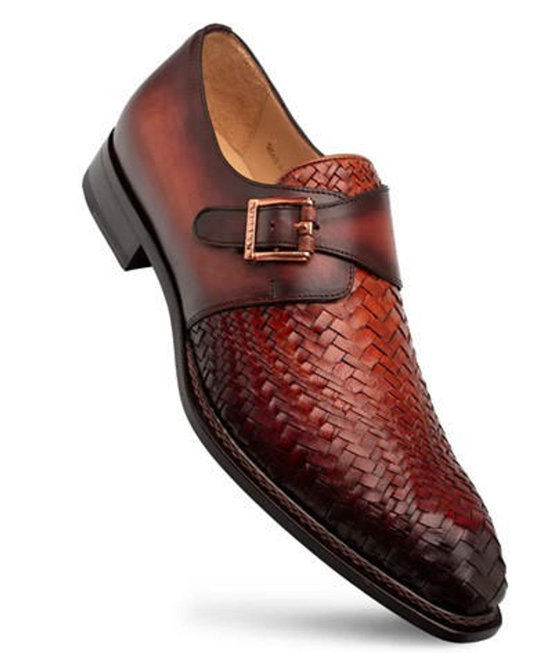 Men's Cognac Leather Monk Strap Shoes - Mezlan Designer Woven Calfskin Dress Shoes