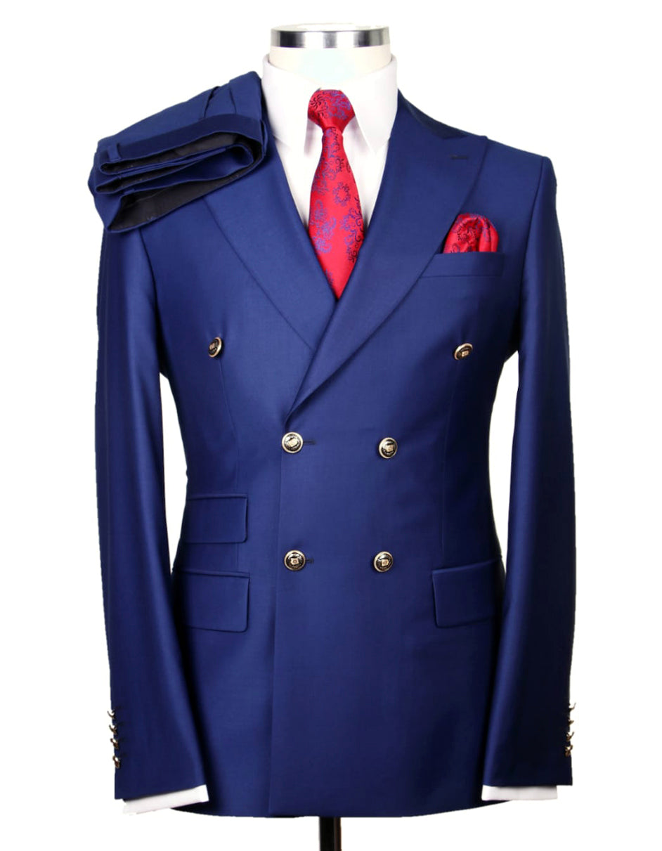 Men's Indigo Blue Double Breasted Suit with Gold Buttons - Designer Style