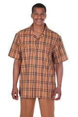 Men's Casual Plaid Short Sleeve Shirt and Shorts Set - Rust Summer Outfit