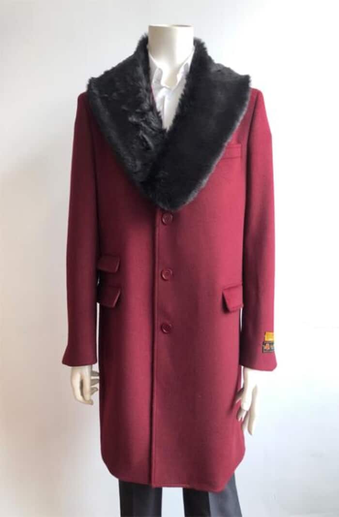 Men's Burgundy Wool Peacoat with Fur Collar - Mid-Length Winter Coat