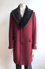 Men's Burgundy Wool Peacoat with Fur Collar - Mid-Length Winter Coat