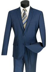 Men's Slim Fit Blue Suit Jacket & Pants - Textured Weave - 2 Button - Modern Professional Style