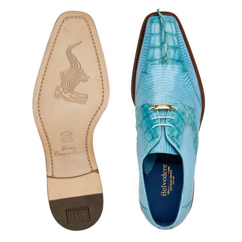 Men's Genuine Caiman Crocodile & Lizard Dress Shoes, Blue Leather Summer Oxfords, Belvedere Valter